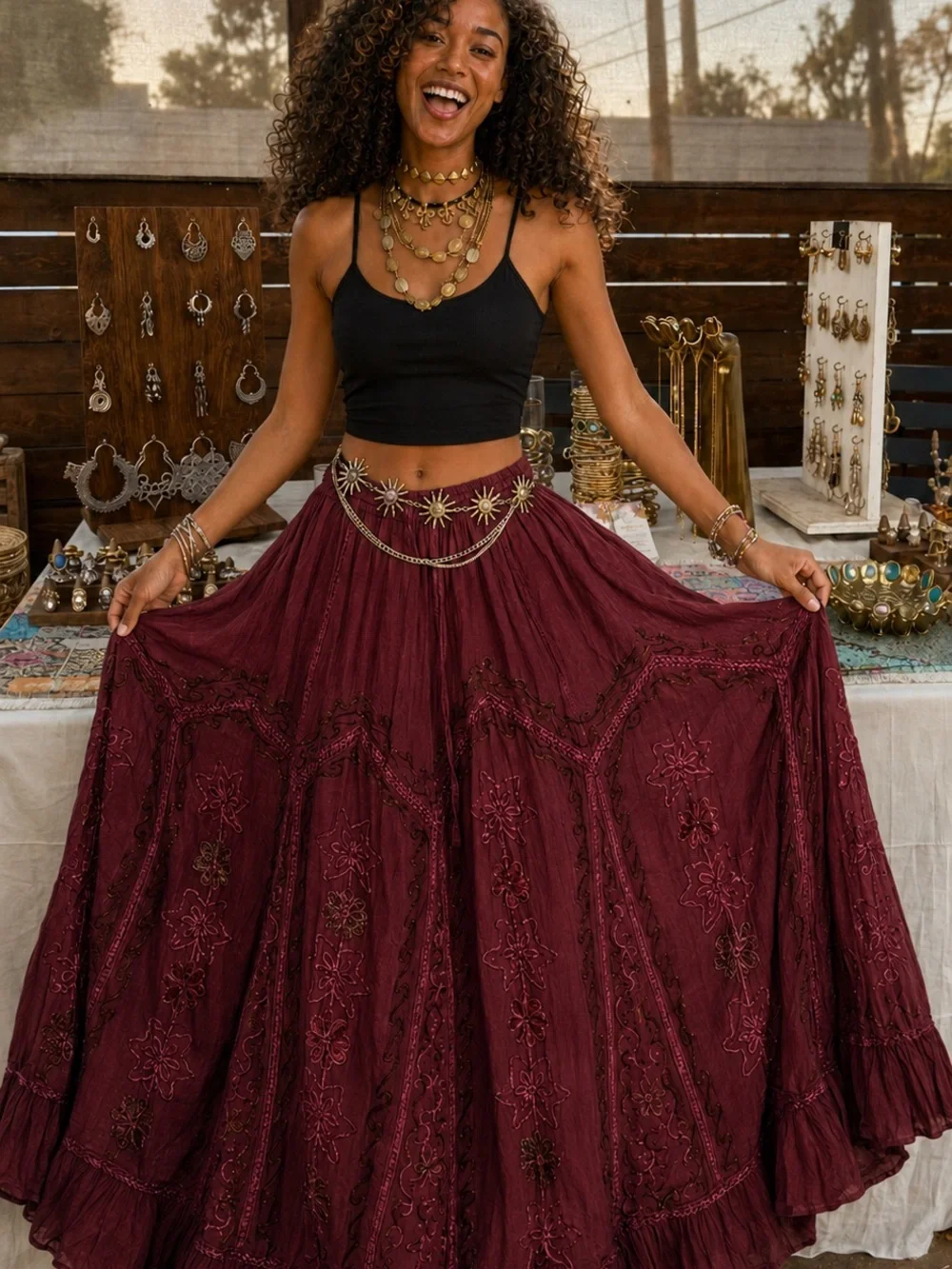 Bohemian Embroidered Maxi Skirt - Burgundy